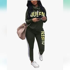 Women's Khaki Green & Gold QUEEN Tracksuit Set